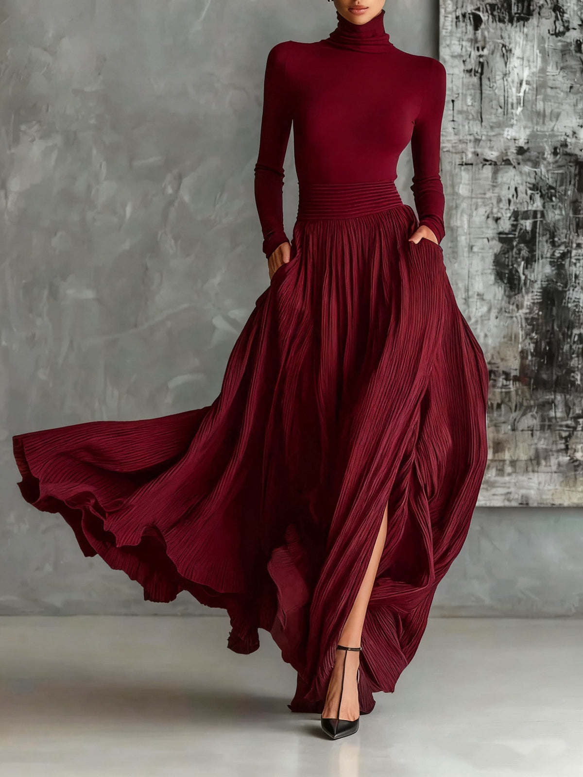 Paige | Pleated Skirt and Black Turtleneck T-Shirt Set