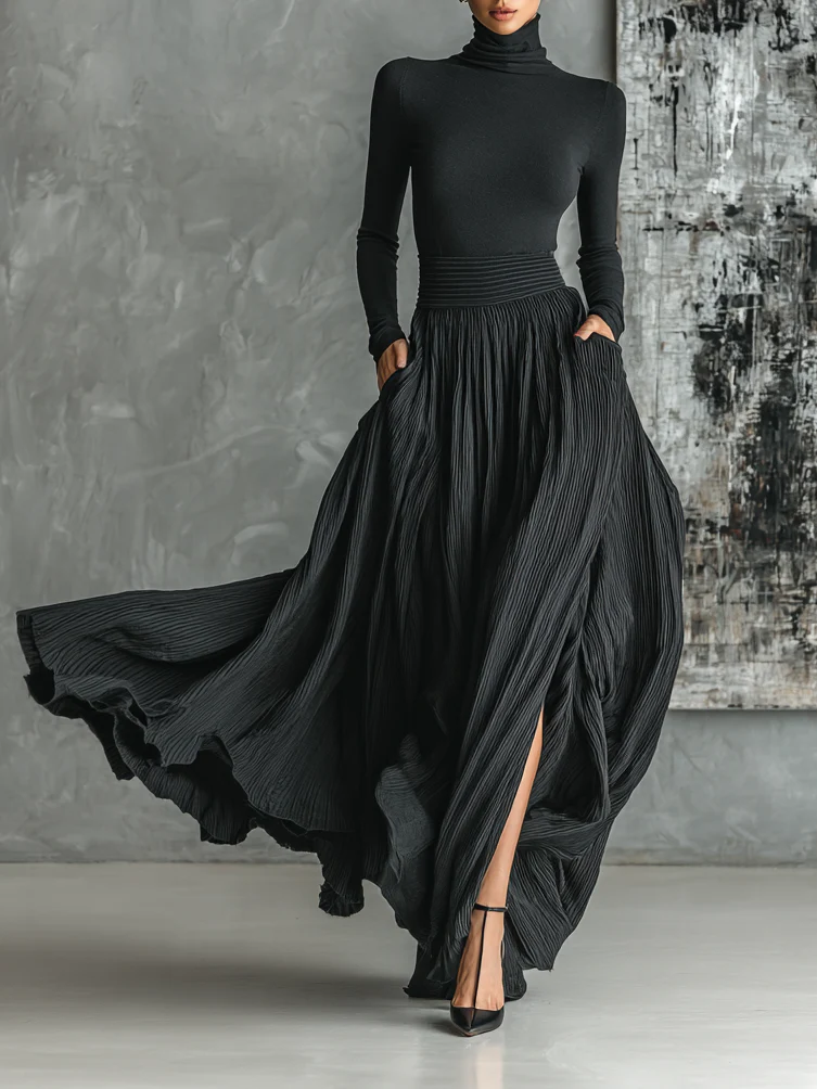 Paige | Pleated Skirt and Black Turtleneck T-Shirt Set