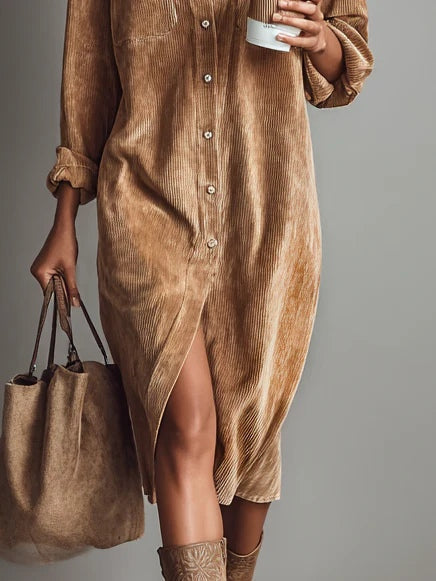 Beatrice | Midi Dress in Corduroy with Pockets and Simple Button Closure