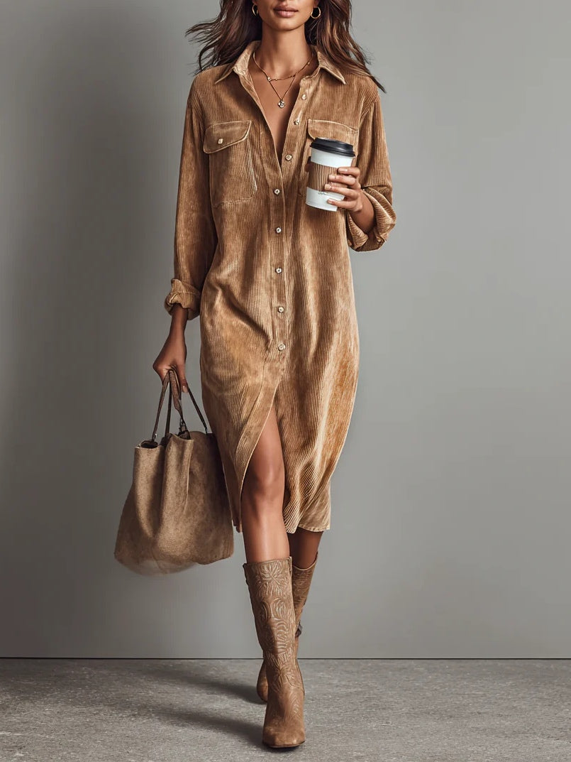 Beatrice | Midi Dress in Corduroy with Pockets and Simple Button Closure