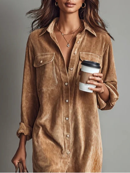 Beatrice | Midi Dress in Corduroy with Pockets and Simple Button Closure
