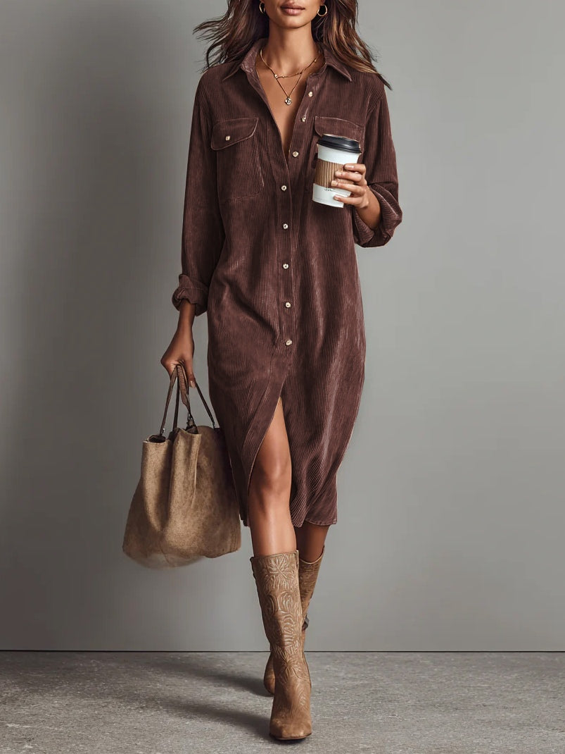 Beatrice | Midi Dress in Corduroy with Pockets and Simple Button Closure