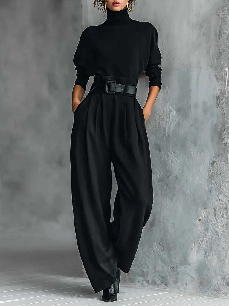 Noelle | Black Turtleneck Top and Straight Pants Set