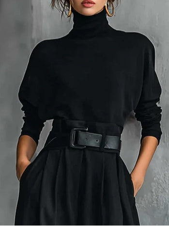 Noelle | Black Turtleneck Top and Straight Pants Set