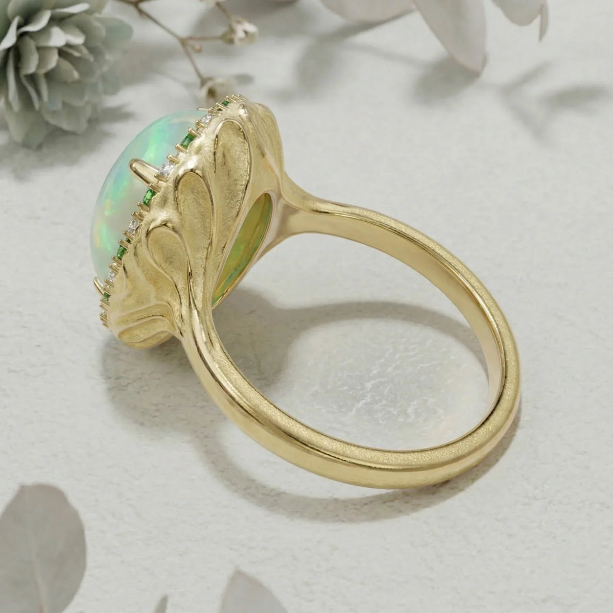 Solid Gold Welo Opal & Tsavorite Organic Ring