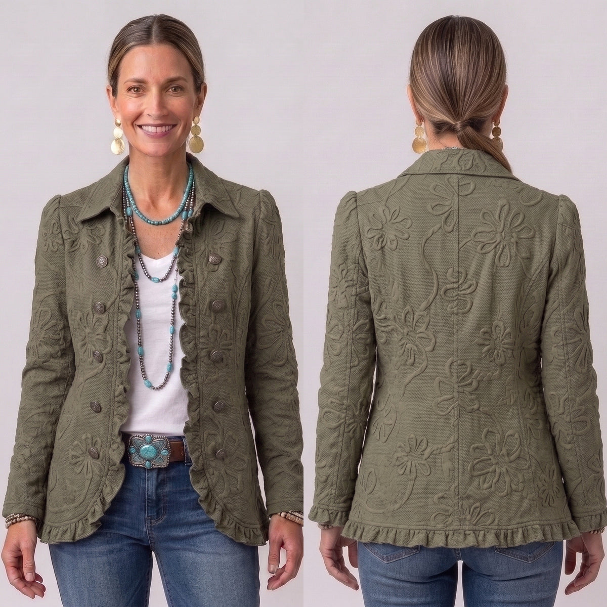 Kamberly™ | Giacca Utility Ricamata a Fiori Boho-Chic con Volant