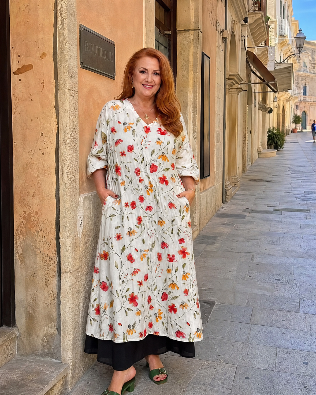 Cosima | Abito midi boho con stampa di fiori selvatici