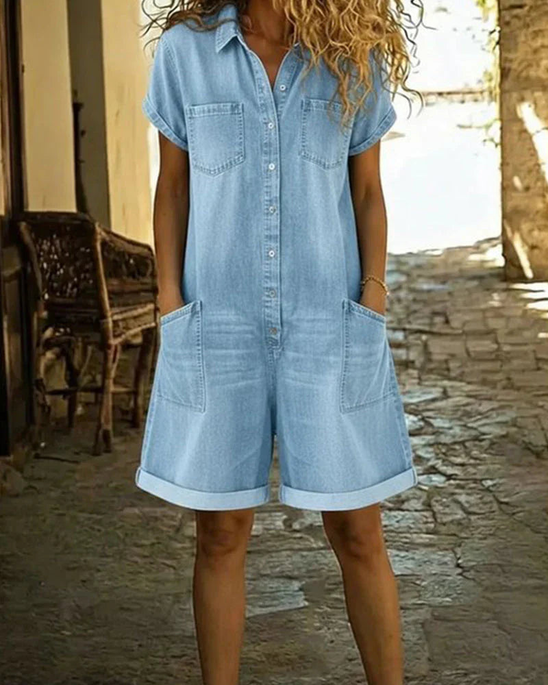 Isabela - Tuta in denim con bottoni frontali