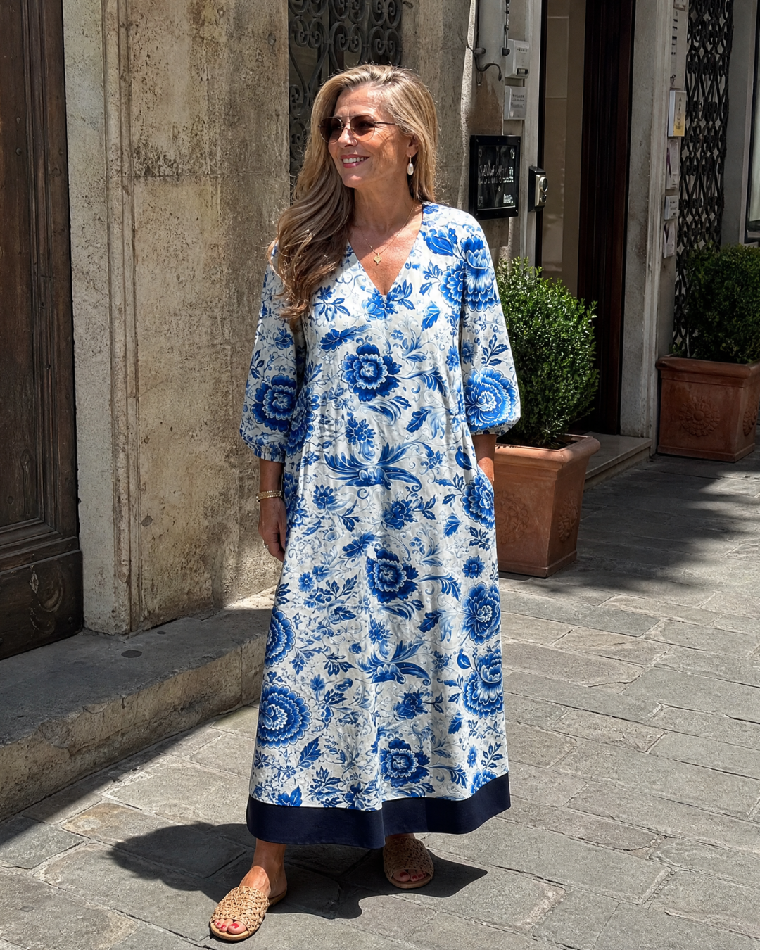 Elisabeth | Abito midi boho con stampa floreale in porcellana