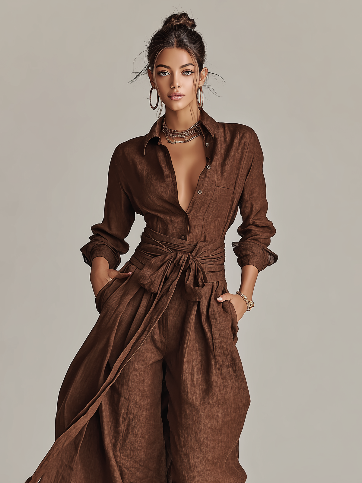 Tuta Elegante da Donna in Cotone-Lino Tessuto Marrone con Maniche Lunghe e Cintura
