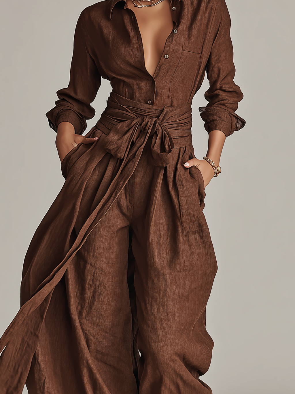 Tuta Elegante da Donna in Cotone-Lino Tessuto Marrone con Maniche Lunghe e Cintura