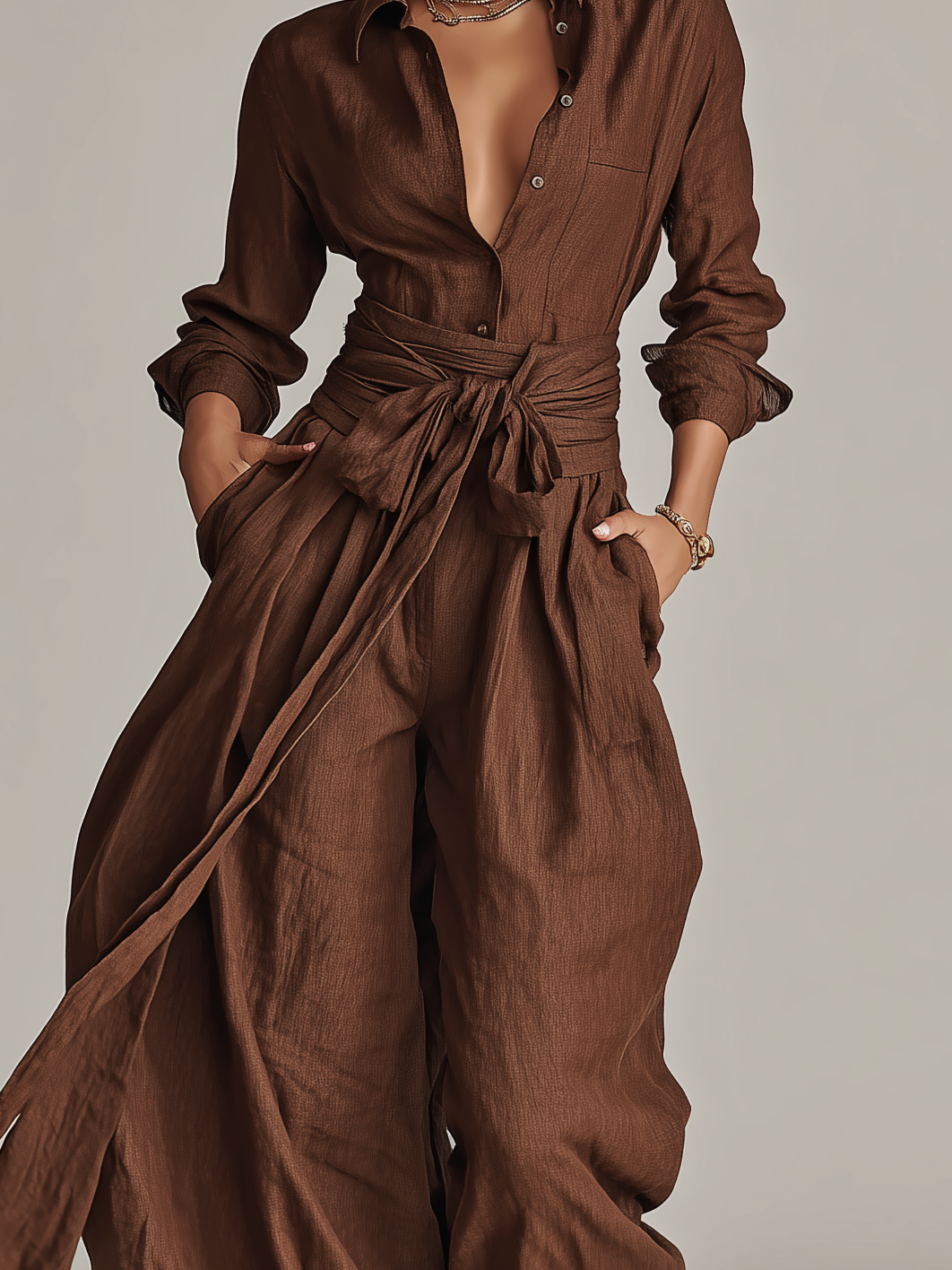 Tuta Elegante da Donna in Cotone-Lino Tessuto Marrone con Maniche Lunghe e Cintura