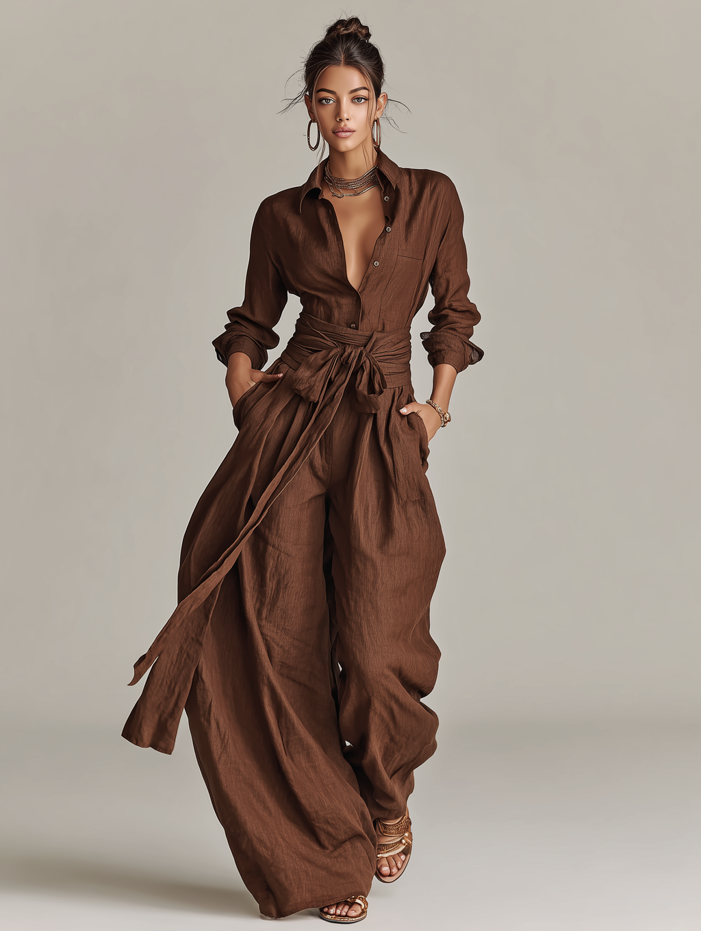 Tuta Elegante da Donna in Cotone-Lino Tessuto Marrone con Maniche Lunghe e Cintura