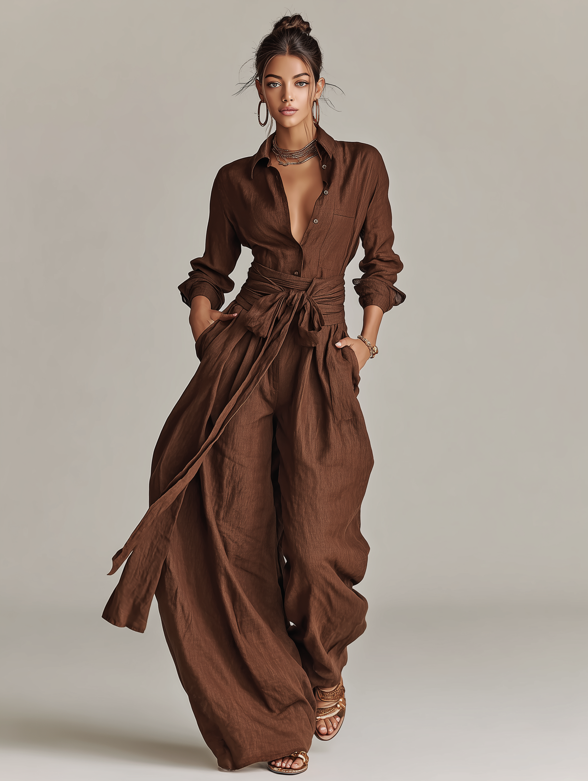 Tuta Elegante da Donna in Cotone-Lino Tessuto Marrone con Maniche Lunghe e Cintura