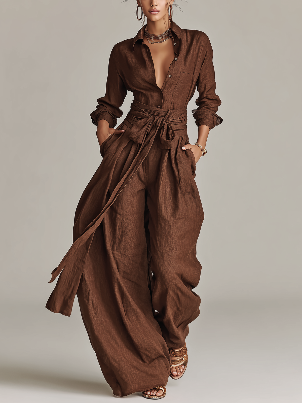 Tuta Elegante da Donna in Cotone-Lino Tessuto Marrone con Maniche Lunghe e Cintura