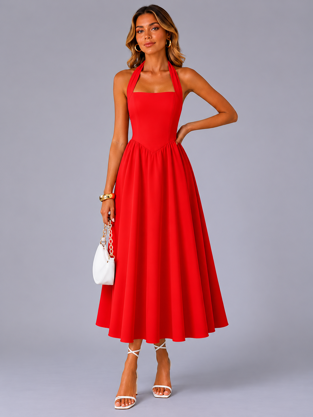 Carlotta | Abito midi con scollo a halter e arricciature
