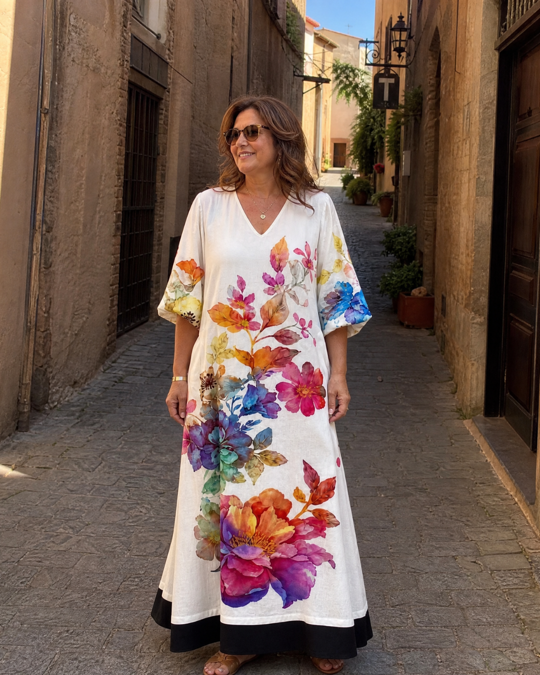 Fiorentino | Abito midi boho con stampa floreale acquerellata