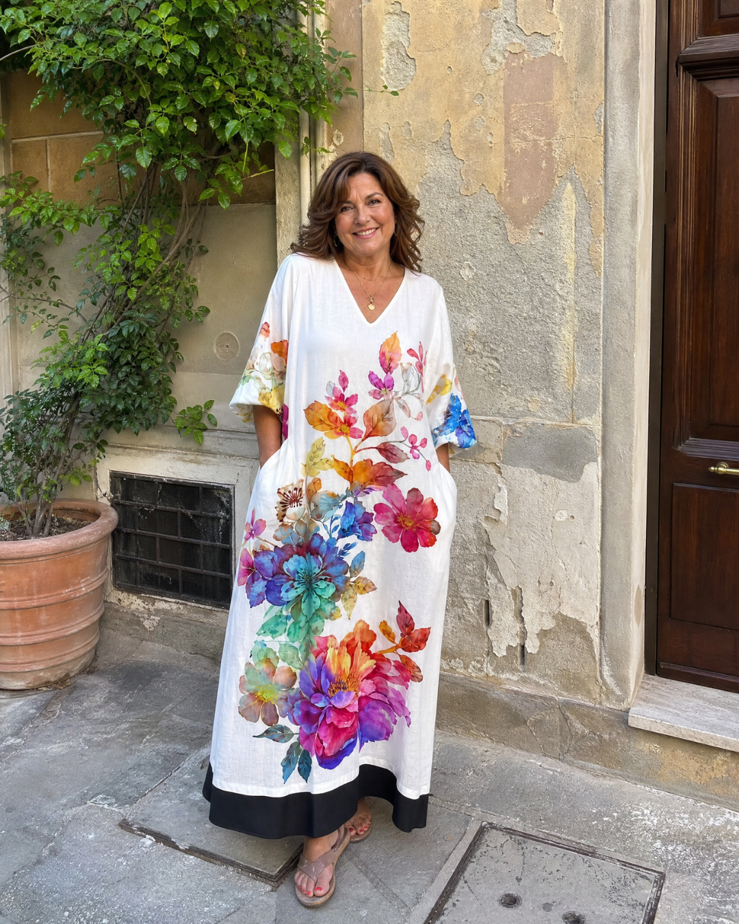 Fiorentino | Abito midi boho con stampa floreale acquerellata