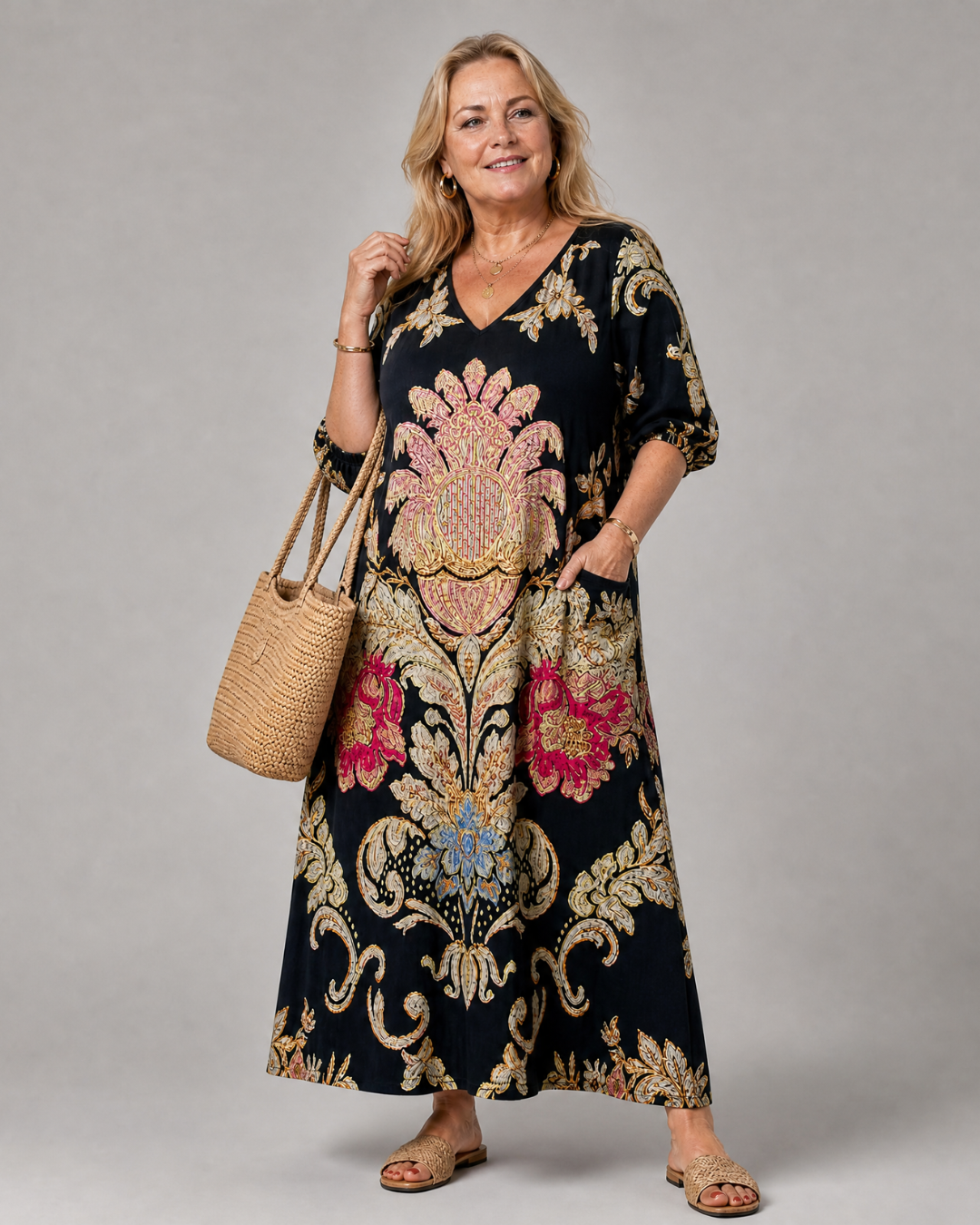 Frieda | Abito midi boho con stampa vintage artistica