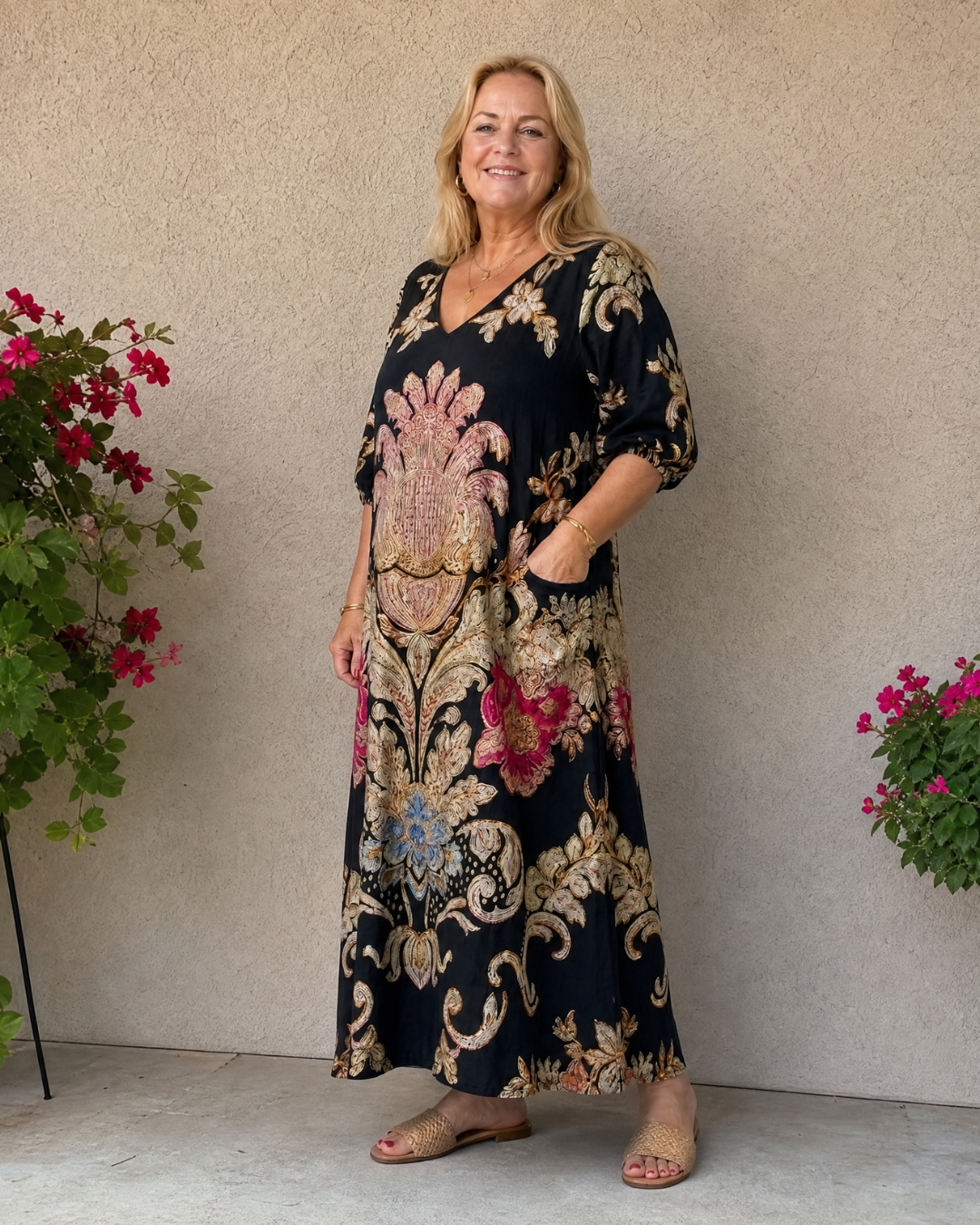 Frieda | Abito midi boho con stampa vintage artistica