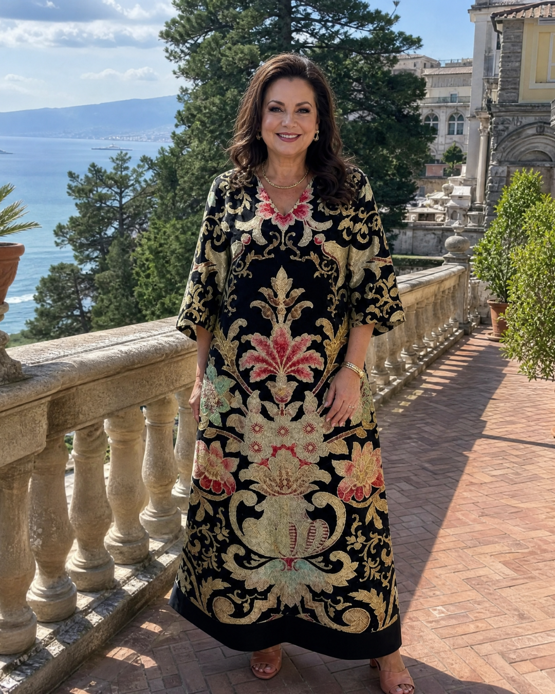Gisela | Abito midi boho con motivo vintage e tasche
