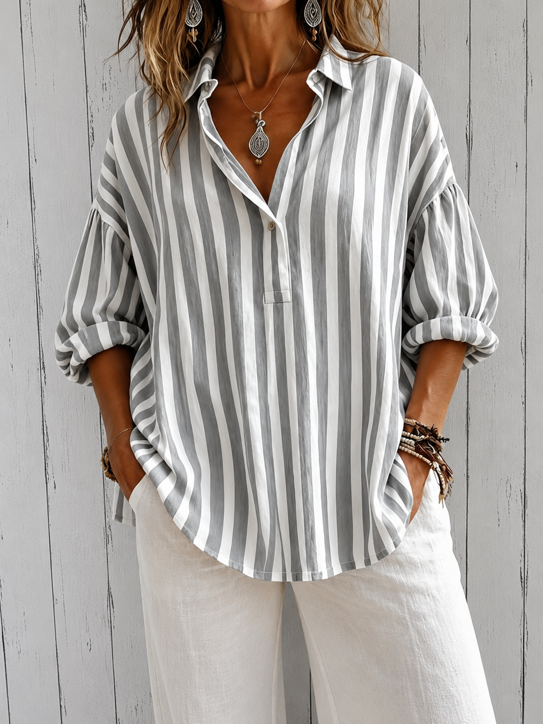 Nora | Soft Striped Collared Blouse