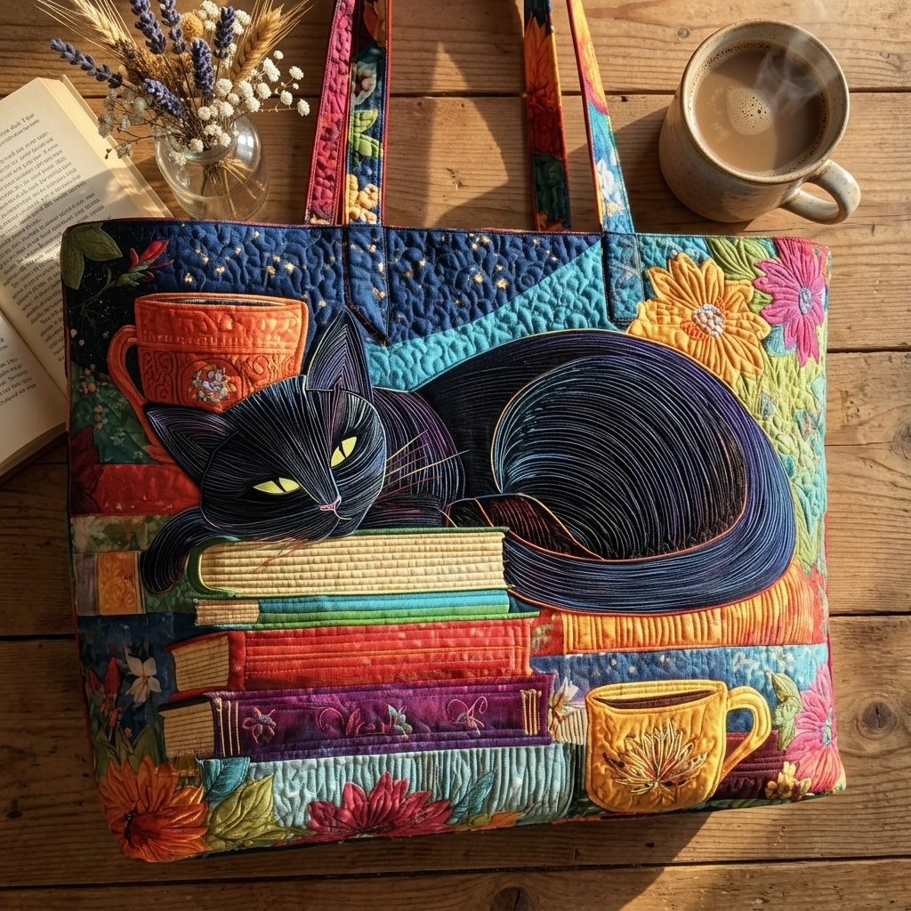 Borsa Artigianale - Gatto Nero con Libri e Tazze