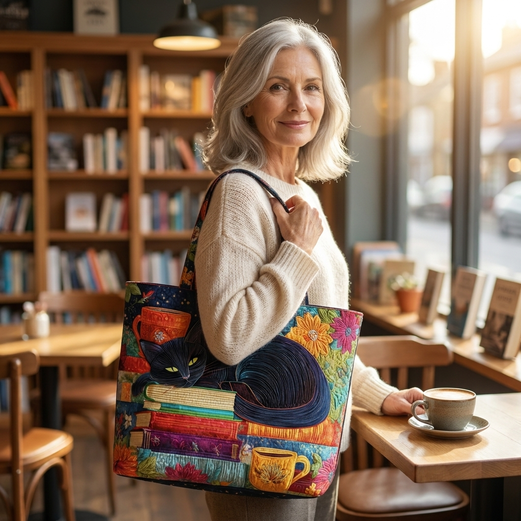Borsa Artigianale - Gatto Nero con Libri e Tazze