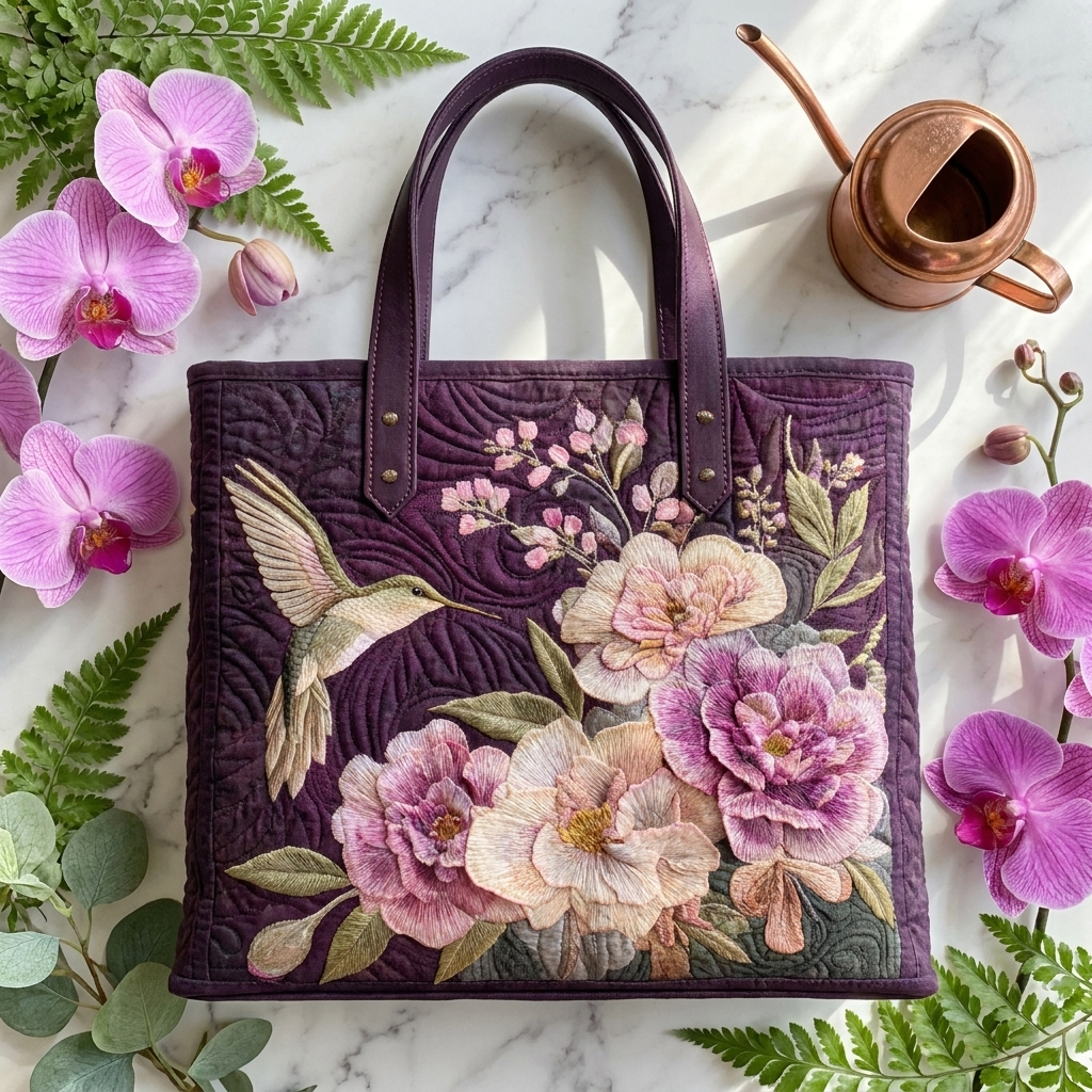 Borsa Artigianale Trapuntata - Colibrì e Orchidee