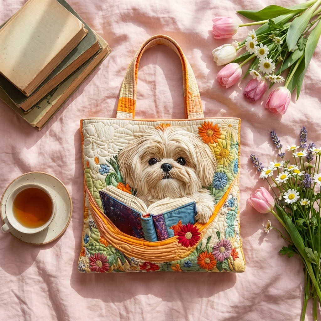 Borsa Artigianale - Shih Tzu con Libri e Fiori