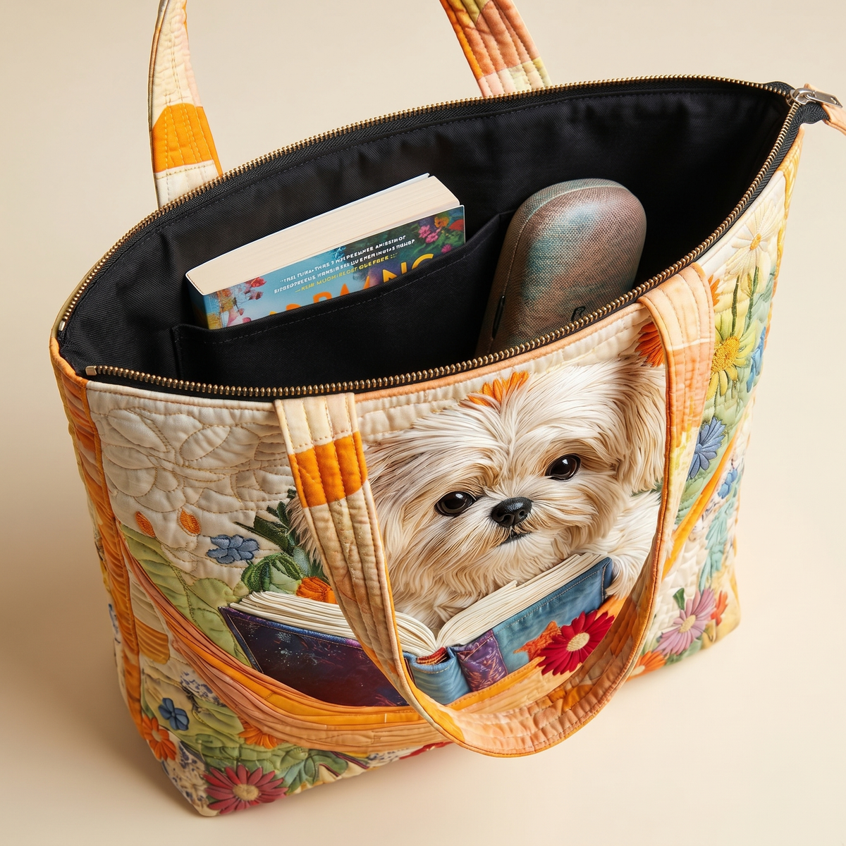 Borsa Artigianale - Shih Tzu con Libri e Fiori