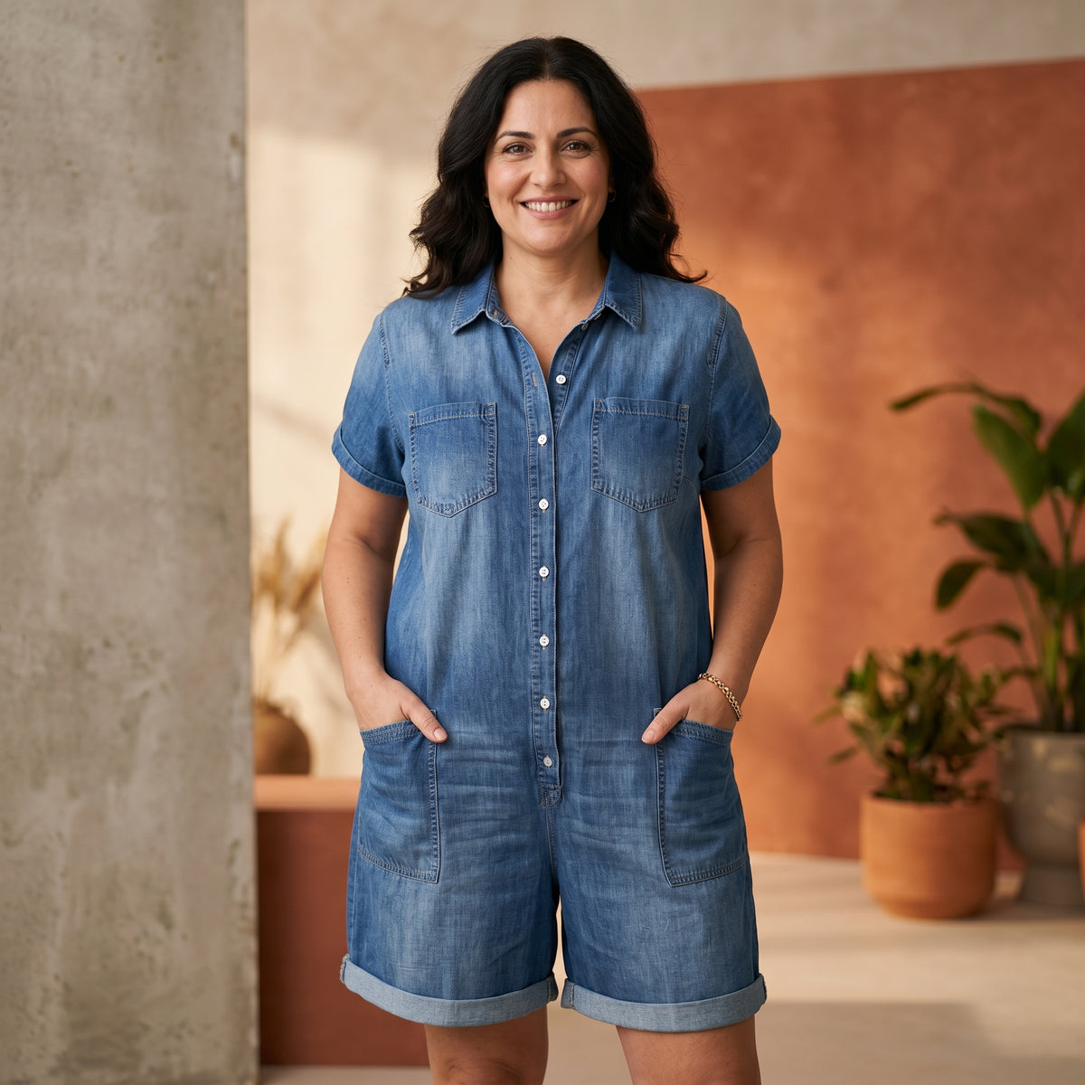 Isabela - Tuta in denim con bottoni frontali