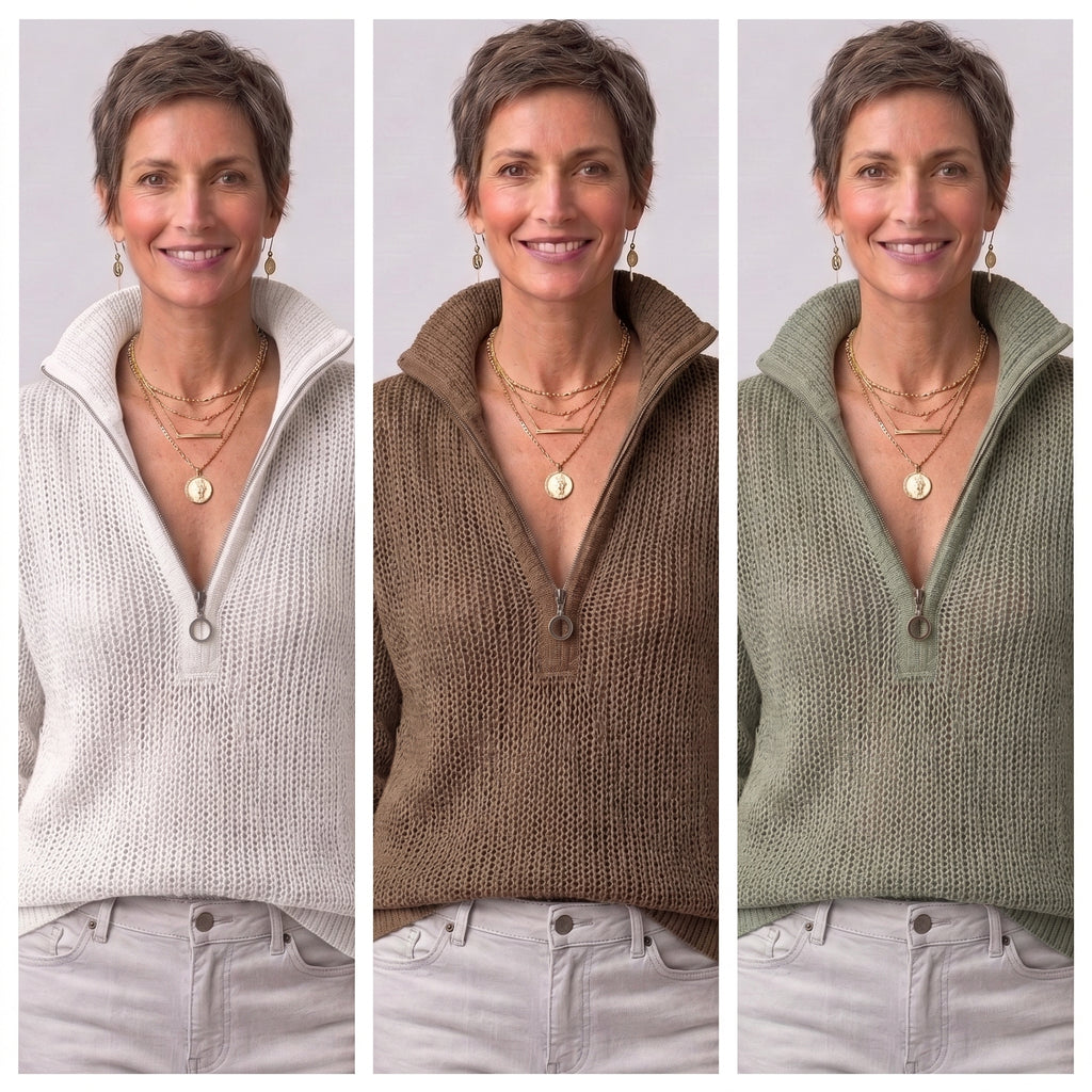 Monica Chic Elegante Maglione a Mezzo Zip Color Beige con Collo a Cerniera e Maniche Lunghe, Fit Morbido e Traspirante