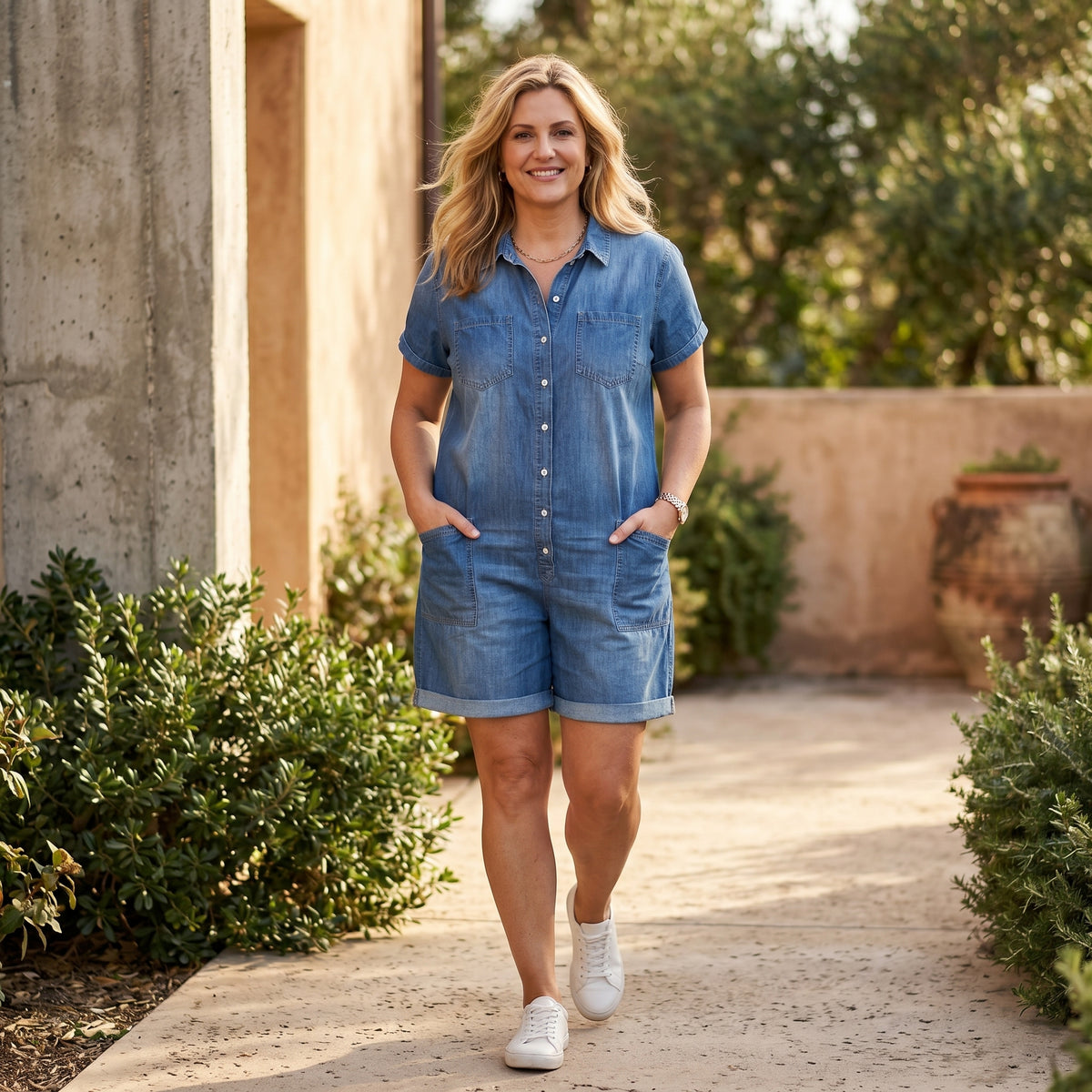 Isabela - Tuta in denim con bottoni frontali