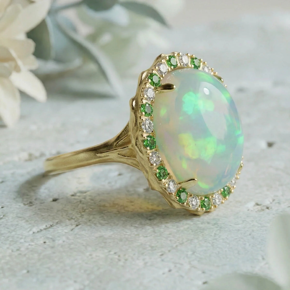 Solid Gold Welo Opal & Tsavorite Organic Ring
