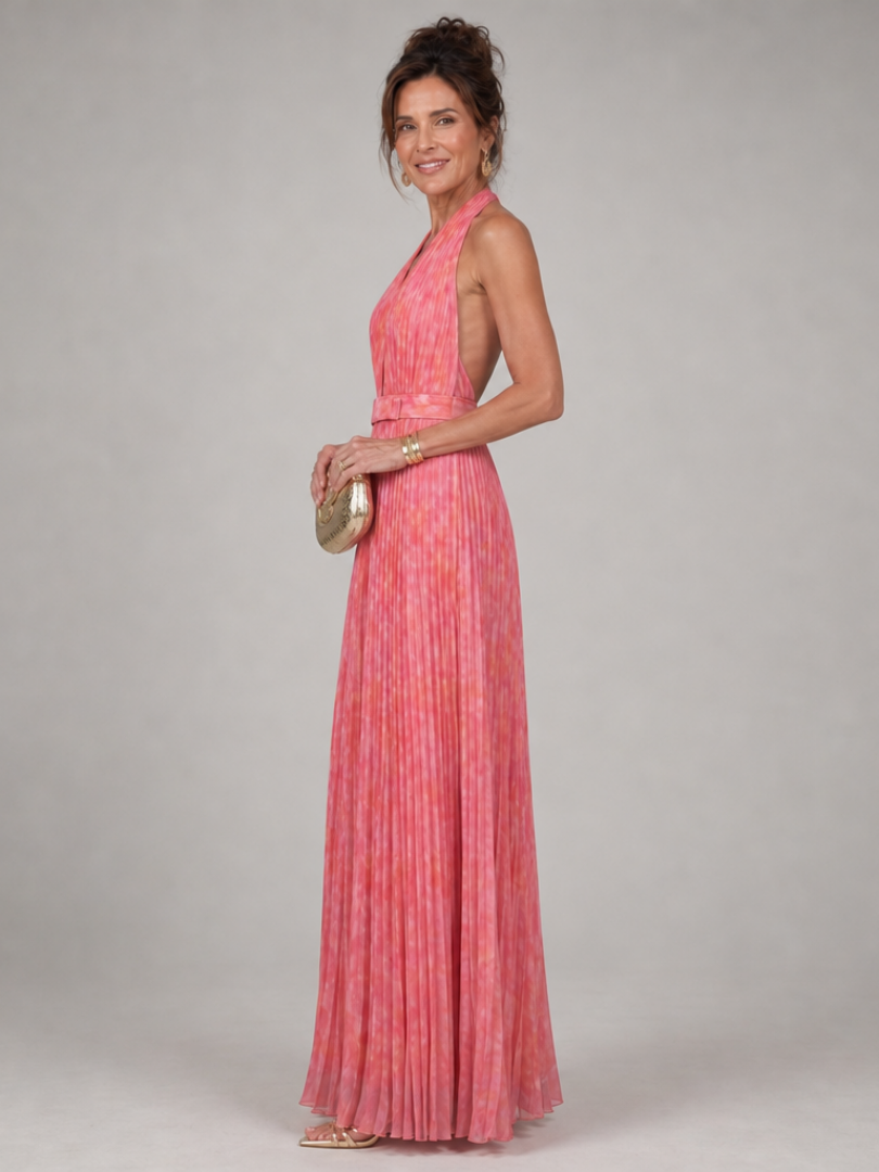 Marlis | Abito lungo con scollo all'americana e gonna plissettata