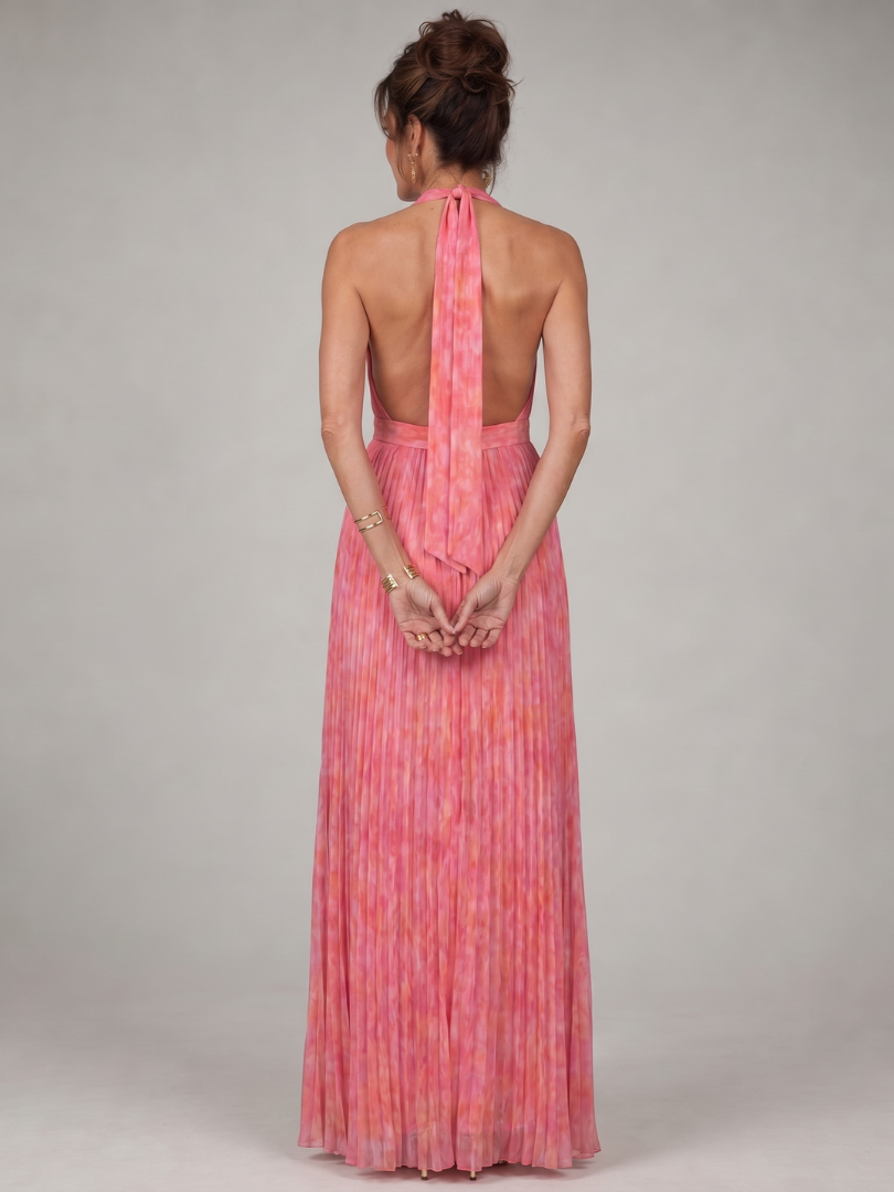 Marlis | Abito lungo con scollo all'americana e gonna plissettata