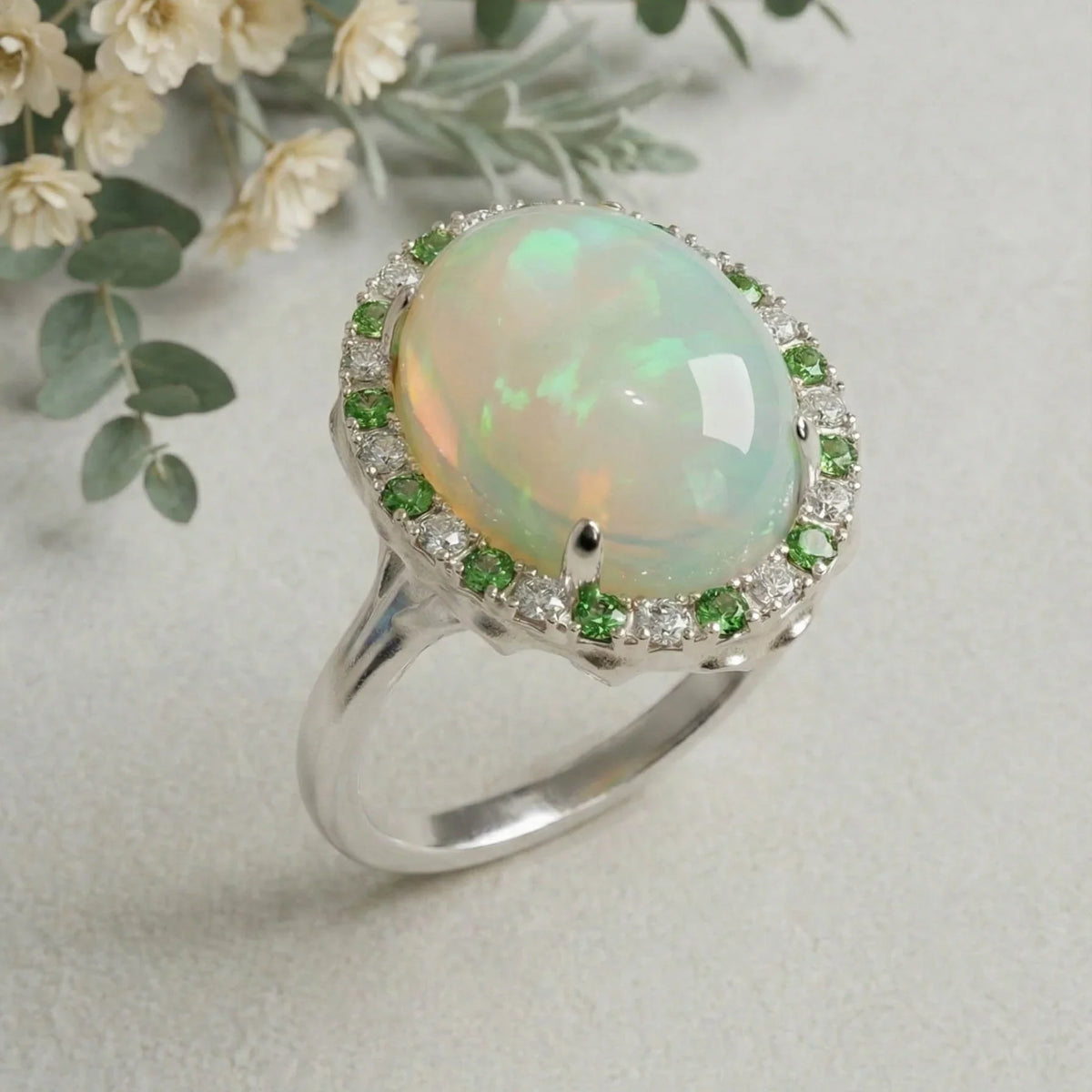 Solid Gold Welo Opal & Tsavorite Organic Ring
