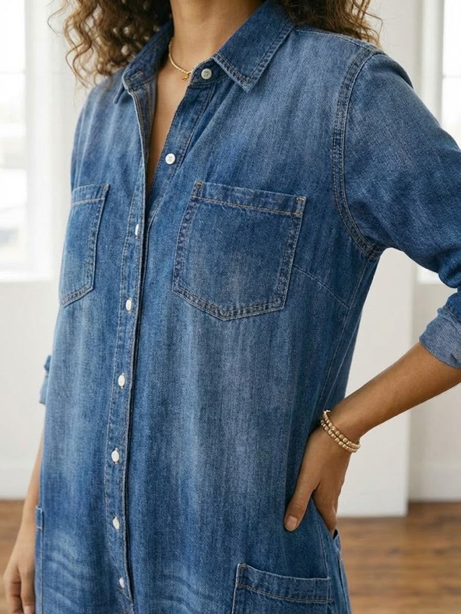 Saylor - Salopette in Denim di Cotone Lavato Vintage con Chiusura a Bottone