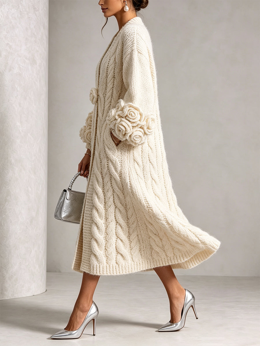 Cardigan a Maglia a Treccia con Fiori Chic