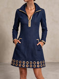 Sophia - Abito Lungo Casual in Denim per Donna con Maniche Lunghe e Dettagli Dorati