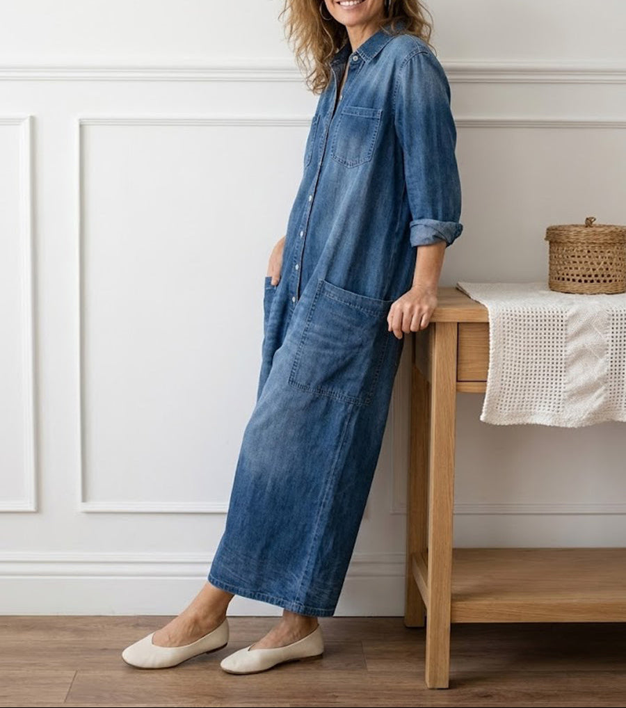 Saylor - Salopette in Denim di Cotone Lavato Vintage con Chiusura a Bottone