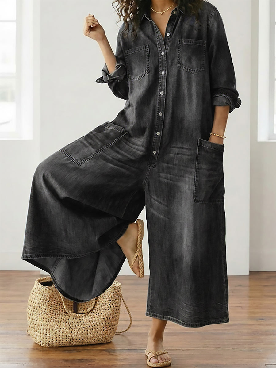 Saylor - Salopette in Denim di Cotone Lavato Vintage con Chiusura a Bottone