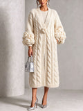Cardigan a Maglia a Treccia con Fiori Chic