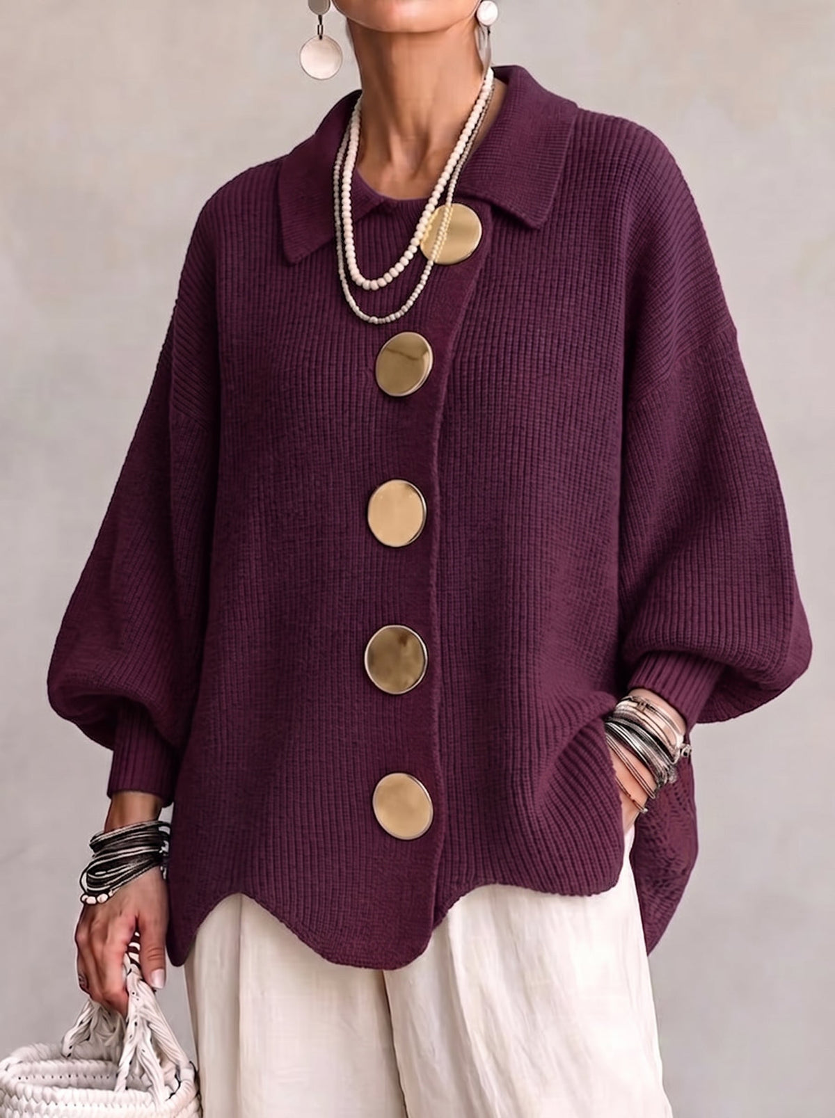 Cardigan lavorato a maglia con colletto oversize e grandi bottoni metallici