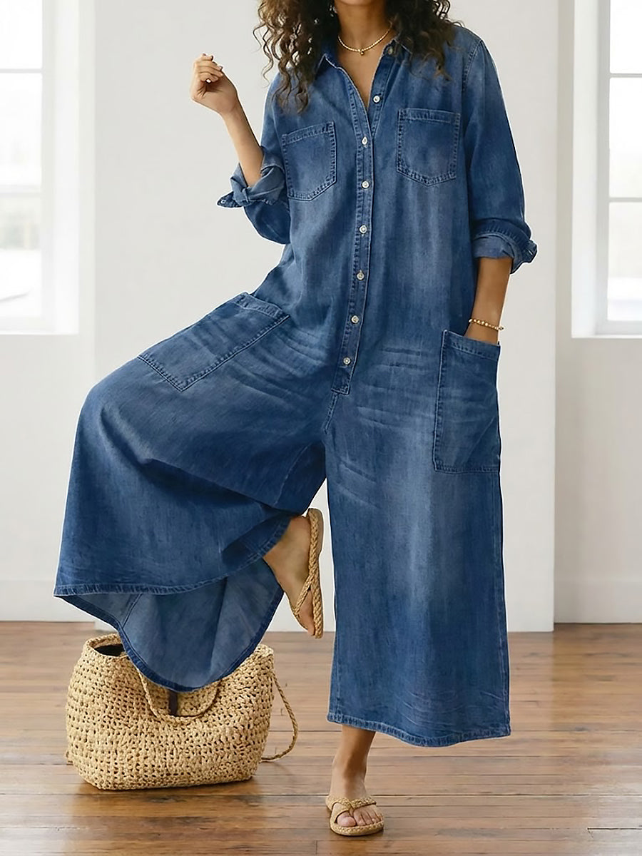 Saylor - Salopette in Denim di Cotone Lavato Vintage con Chiusura a Bottone