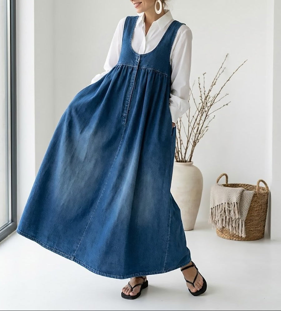 Miranda - Abito Maxi in Denim Lavato Vintage con Sensazione di Cotone Morbido