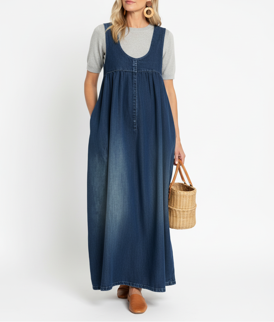 Miranda - Abito Maxi in Denim Lavato Vintage con Sensazione di Cotone Morbido