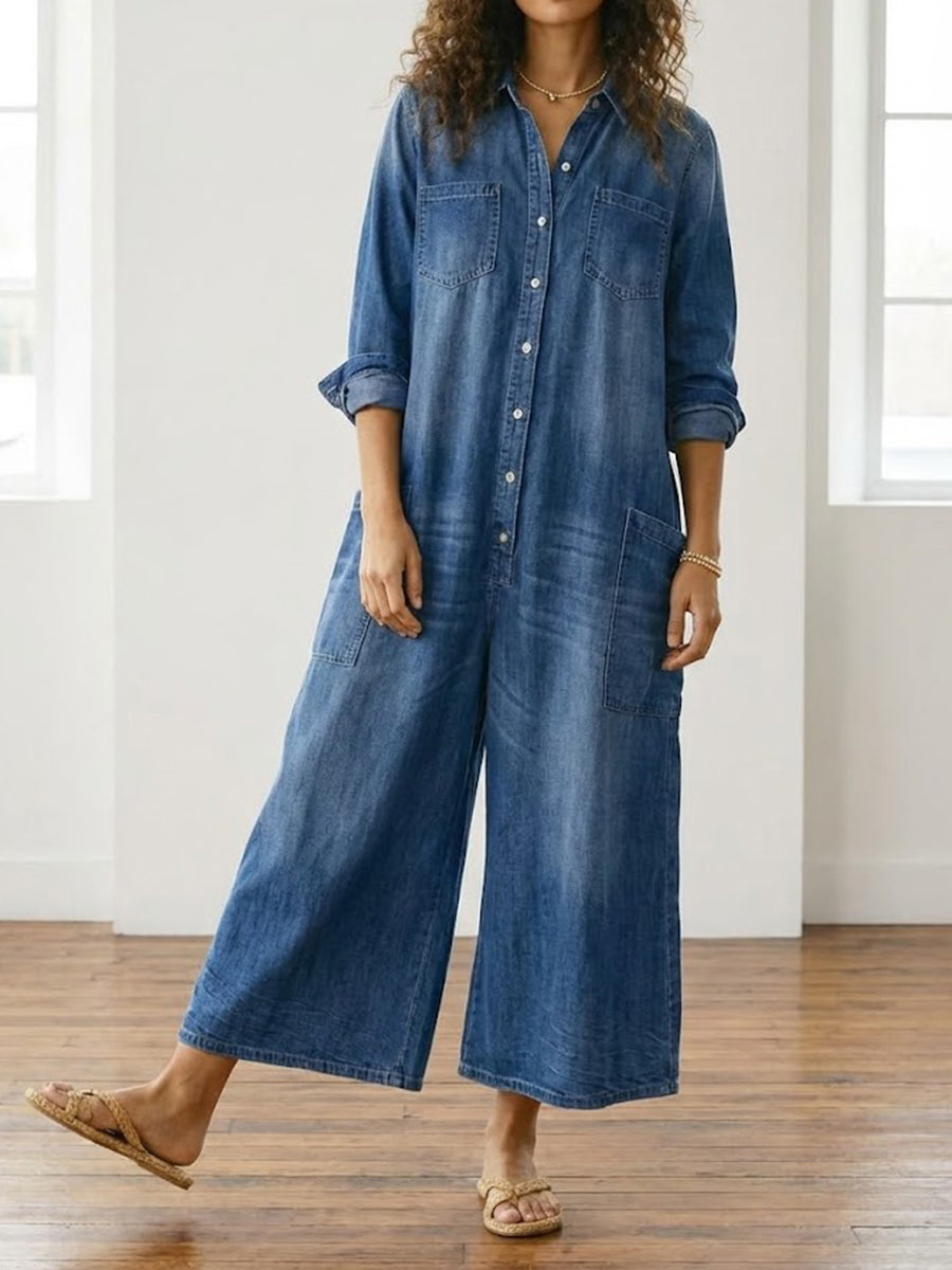 Saylor - Salopette in Denim di Cotone Lavato Vintage con Chiusura a Bottone