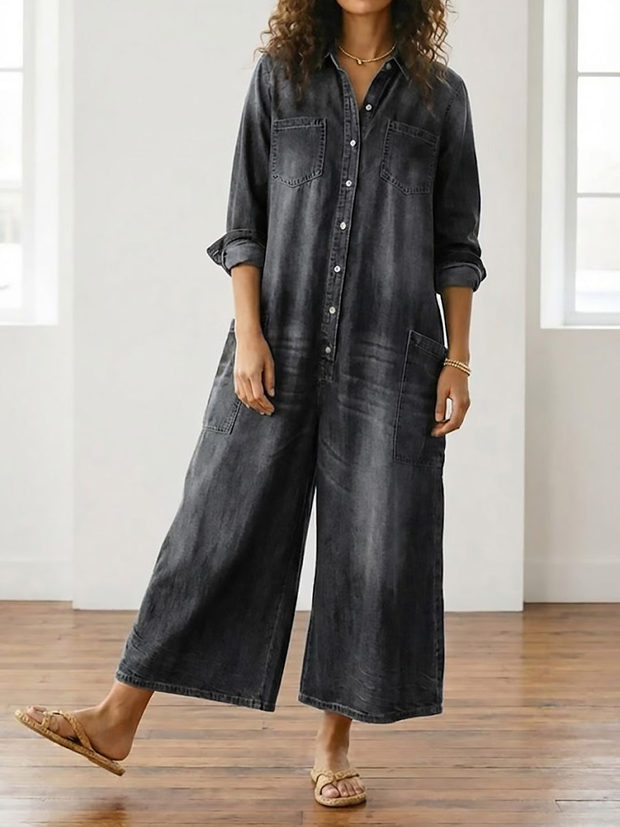 Saylor - Salopette in Denim di Cotone Lavato Vintage con Chiusura a Bottone